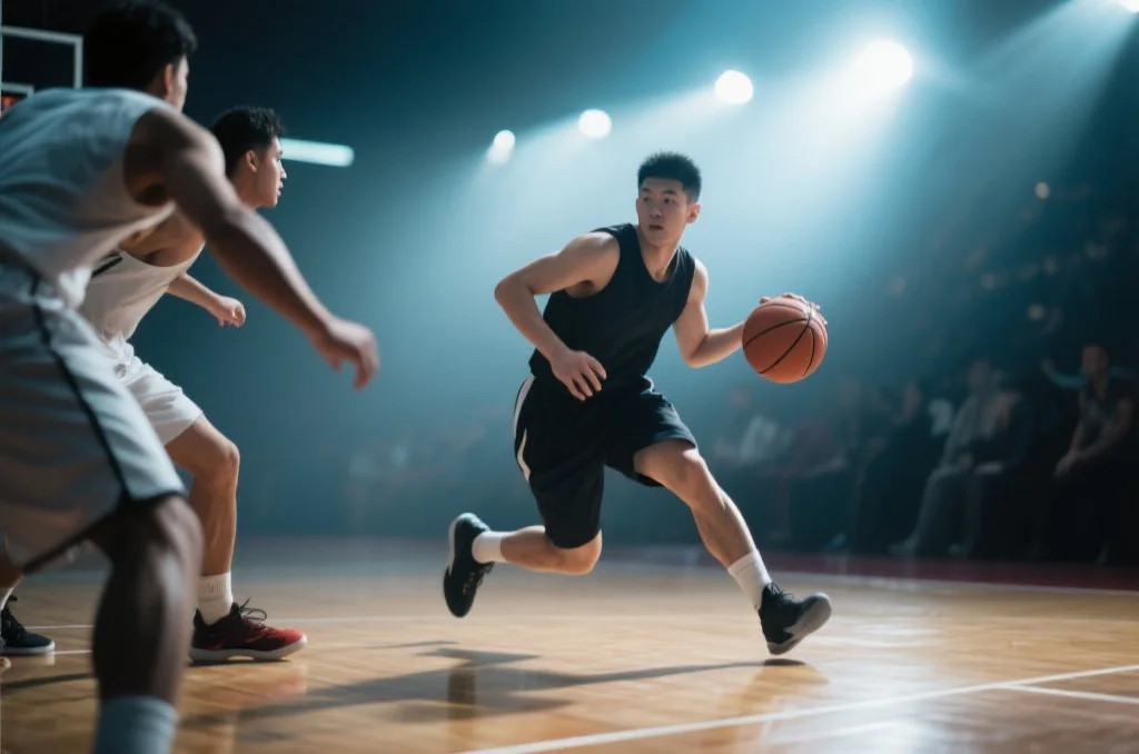 篮球明星球员在比赛中运球突破