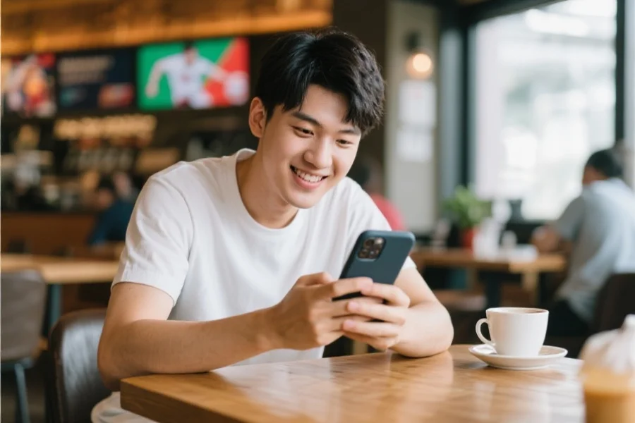 年轻用户在咖啡馆使用智能手机操作一款体育娱乐平台APP，表情专注且愉悦